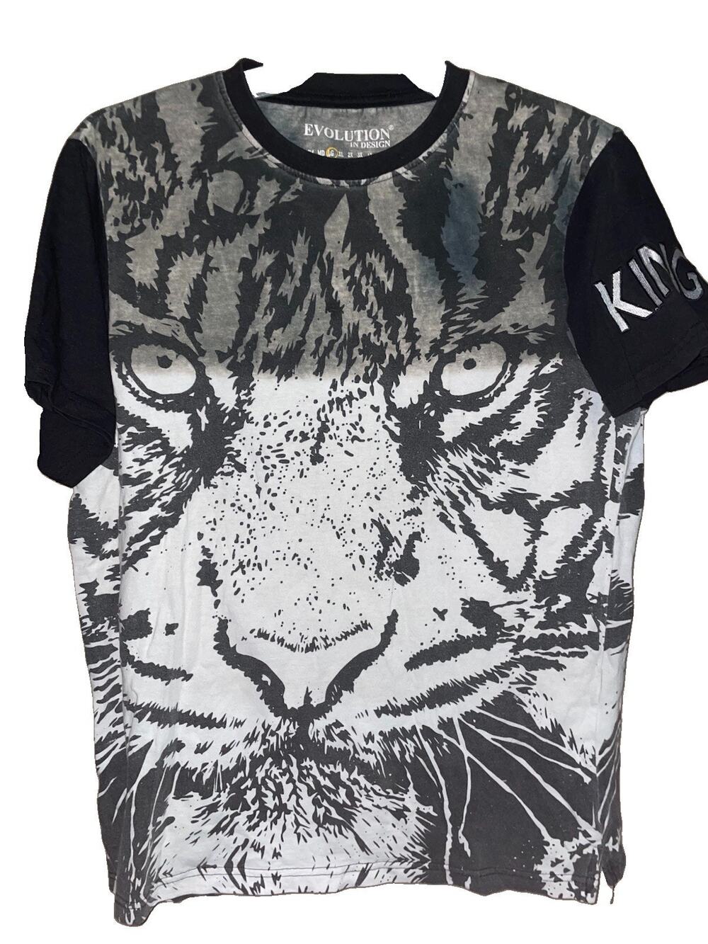 Evolution In Design Tiger Print King Embroidered Sleeve Mens Sz L Shirt Vintage